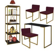 Kit Escritório Ravi 3 Cadeiras Suede Bordô com 1 Mesa e 1 Livreiro Ferro Dourado MDF Preto - Ahazzo Móveis