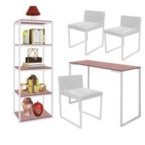 Kit Escritório Ravi 3 Cadeiras Suede Branco com 1 Mesa e 1 Livreiro Ferro Branco MDF Rose Rosa - Ahazzo Móveis