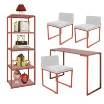 Kit Escritório Ravi 3 Cadeiras Suede Branco com 1 Mesa e 1 Livreiro Ferro Bronze MDF Rose Rosa - Ahazzo Móveis