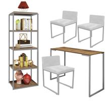 Kit Escritório Ravi 3 Cadeiras Suede Branco com 1 Mesa e 1 Livreiro Ferro Prata MDF Freijó - Ahazzo Móveis