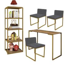 Kit Escritório Ravi 3 Cadeiras Suede Cinza com 1 Mesa e 1 Livreiro Ferro Dourado MDF Imbuia - Ahazzo Móveis