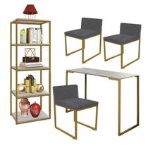 Kit Escritório Ravi 3 Cadeiras Suede Cinza com 1 Mesa e 1 Livreiro Ferro Dourado MDF Marmorizado Cinza - Ahazzo Móveis