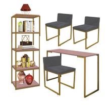 Kit Escritório Ravi 3 Cadeiras Suede Cinza com 1 Mesa e 1 Livreiro Ferro Dourado MDF Rose Rosa - Ahazzo Móveis