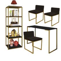 Kit Escritório Ravi 3 Cadeiras Suede Marrom com 1 Mesa e 1 Livreiro Ferro Dourado MDF Preto - Ahazzo Móveis