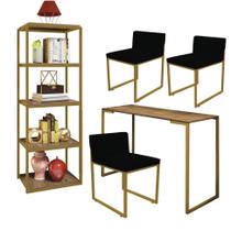 Kit Escritório Ravi 3 Cadeiras Suede Preto com 1 Mesa e 1 Livreiro Ferro Dourado MDF Freijó - Ahazzo Móveis