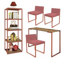 Kit Escritório Ravi 3 Cadeiras Suede Rose com 1 Mesa e 1 Livreiro Ferro Bronze MDF Freijó - Ahazzo Móveis