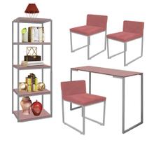 Kit Escritório Ravi 3 Cadeiras Suede Rose com 1 Mesa e 1 Livreiro Ferro Cinza MDF Rose Rosa - Ahazzo Móveis