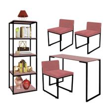 Kit Escritório Ravi 3 Cadeiras Suede Rose com 1 Mesa e 1 Livreiro Ferro Preto MDF Rose Rosa - Ahazzo Móveis