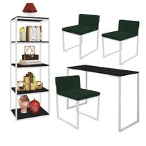 Kit Escritório Ravi 3 Cadeiras Suede Verde com 1 Mesa e 1 Livreiro Ferro Branco MDF Preto - Ahazzo Móveis