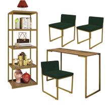 Kit Escritório Ravi 3 Cadeiras Suede Verde com 1 Mesa e 1 Livreiro Ferro Dourado MDF Castanho - Ahazzo Móveis