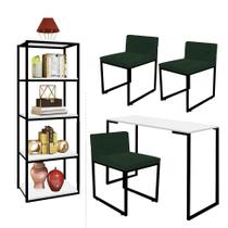 Kit Escritório Ravi 3 Cadeiras Suede Verde com 1 Mesa e 1 Livreiro Ferro Preto MDF Branco - Ahazzo Móveis