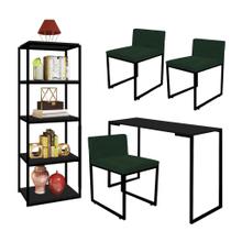 Kit Escritório Ravi 3 Cadeiras Suede Verde com 1 Mesa e 1 Livreiro Ferro Preto MDF Preto - Ahazzo Móveis