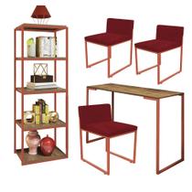 Kit Escritório Ravi 3 Cadeiras Suede Vermelho com 1 Mesa e 1 Livreiro Ferro Bronze MDF Caramelo - Ahazzo Móveis