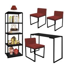 Kit Escritório Ravi 3 Cadeiras Suede Vermelho com 1 Mesa e 1 Livreiro Ferro Preto MDF Preto - Ahazzo Móveis