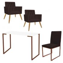 Kit Escritório Stan 2 Poltronas Capitonê com Cadeira e Mesa Industrial Branco Bronze material sintético Marrom - Ahz Móveis