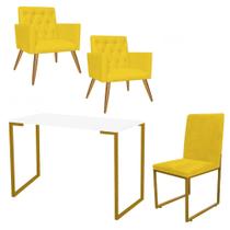 Kit Escritório Stan 2 Poltronas Capitonê com Cadeira e Mesa Industrial Branco Dourado material sintético Amarelo - Ahz Móveis
