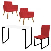 Kit Escritório Stan 2 Poltronas Capitonê com Cadeira e Mesa Industrial Branco Preto material sintético Vermelho - Ahz Móveis