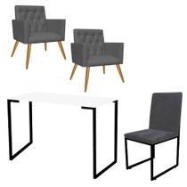 Kit Escritório Stan 2 Poltronas Capitonê com Cadeira e Mesa Industrial Branco Preto Suede Cinza - Ahz Móveis