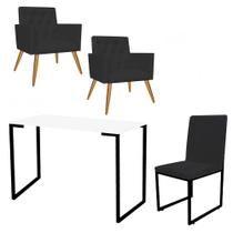 Kit Escritório Stan 2 Poltronas Capitonê com Cadeira e Mesa Industrial Branco Preto Suede Preto - Ahz Móveis