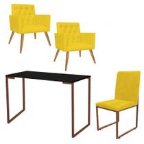 Kit Escritório Stan 2 Poltronas Capitonê com Cadeira e Mesa Industrial Preto Bronze material sintético Amarelo - Ahz Móveis