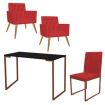 Kit Escritório Stan 2 Poltronas Capitonê com Cadeira e Mesa Industrial Preto Bronze Suede Vermelho - Amey Decor