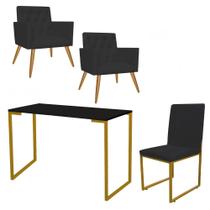 Kit Escritório Stan 2 Poltronas Capitonê com Cadeira e Mesa Industrial Preto Dourado material sintético Preto - Ahz Móveis