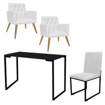 Kit Escritório Stan 2 Poltronas Capitonê com Cadeira e Mesa Industrial Tampo Preto material sintético Branco - Ahz Móveis