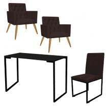 Kit Escritório Stan 2 Poltronas Capitonê com Cadeira e Mesa Industrial Tampo Preto Suede Marrom - Ahz Móveis