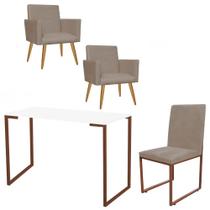 Kit Escritório Stan 2 Poltronas com Cadeira e Mesa Industrial Tampo Branco Bronze material sintético Bege - Ahz Móveis