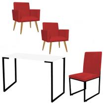 Kit Escritório Stan 2 Poltronas com Cadeira e Mesa Industrial Tampo Branco Preto Suede Vermelho - Ahz Móveis