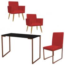 Kit Escritório Stan 2 Poltronas com Cadeira e Mesa Industrial Tampo Preto Bronze Tecido Sintético Vermelho - Ahz Móveis