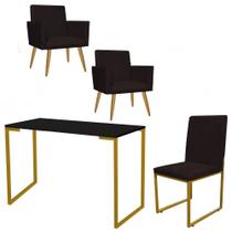 Kit Escritório Stan 2 Poltronas com Cadeira e Mesa Industrial Tampo Preto Dourado Suede Marrom - Ahz Móveis