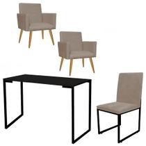 Kit Escritório Stan 2 Poltronas com Cadeira e Mesa Industrial Tampo Preto material sintético Bege - Ahz Móveis