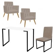 Kit Escritório Stan 2 Poltronas Maria com Cadeira e Mesa Industrial Branco Preto Tecido Sintético Bege - Ahz Móveis