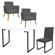 Kit Escritório Stan 2 Poltronas Maria com Cadeira e Mesa Industrial Branco Preto Tecido Sintético Cinza - Ahz Móveis
