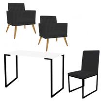 Kit Escritório Stan 2 Poltronas Maria com Cadeira e Mesa Industrial Branco Preto Tecido Sintético Preto - Ahz Móveis