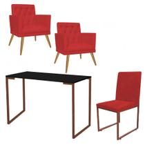 Kit Escritório Stan 2 Poltronas Maria com Cadeira e Mesa Industrial Preto Bronze Suede Vermelho - Ahz Móveis