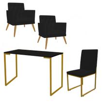 Kit Escritório Stan 2 Poltronas Maria com Cadeira e Mesa Industrial Preto Dourado Suede Preto - Ahz Móveis