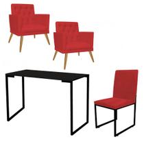 Kit Escritório Stan 2 Poltronas Maria com Cadeira e Mesa Industrial Tampo Preto material sintético Vermelho - Ahz Móveis
