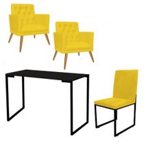 Kit Escritório Stan 2 Poltronas Maria com Cadeira e Mesa Industrial Tampo Preto Suede Amarelo - Ahz Móveis