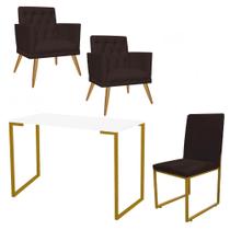 Kit Escritório Stan 2 Poltronas Maria e Cadeira e Mesa Industrial Branco Dourado material sintético Marrom - Ahz Móveis