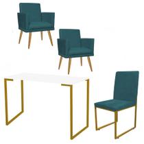 Kit Escritório Stan 2 Poltronas Rodapé com Cadeira e Mesa Industrial Branco Dourado Suede Azul Turquesa - Ahz Móveis