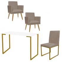 Kit Escritório Stan 2 Poltronas Rodapé com Cadeira e Mesa Industrial Branco Dourado Suede Bege - Ahz Móveis