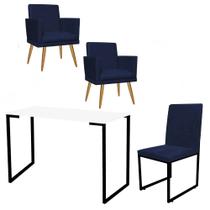 Kit Escritório Stan 2 Poltronas Rodapé com Cadeira e Mesa Industrial Branco Preto Suede Azul Marinho - Ahz Móveis