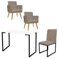Kit Escritório Stan 2 Poltronas Rodapé com Cadeira e Mesa Industrial Branco Preto Tecido Sintético Bege - Ahz Móveis
