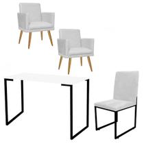 Kit Escritório Stan 2 Poltronas Rodapé com Cadeira e Mesa Industrial Branco Preto Tecido Sintético Branco - Ahz Móveis