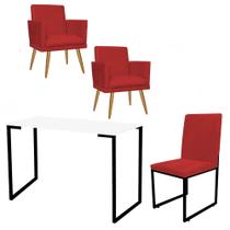 Kit Escritório Stan 2 Poltronas Rodapé com Cadeira e Mesa Industrial Branco Preto Tecido Sintético Vermelho - Amey Decor