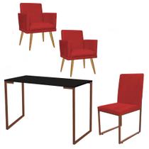 Kit Escritório Stan 2 Poltronas Rodapé com Cadeira e Mesa Industrial Preto Bronze Suede Vermelho - Ahz Móveis