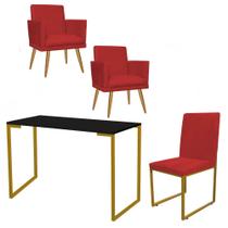 Kit Escritório Stan 2 Poltronas Rodapé com Cadeira e Mesa Industrial Preto Dourado material sintético Vermelho - Ahz Móveis