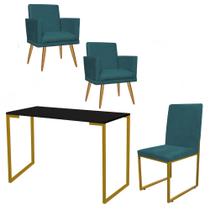 Kit Escritório Stan 2 Poltronas Rodapé com Cadeira e Mesa Industrial Preto Dourado Suede Azul Turquesa - Ahz Móveis